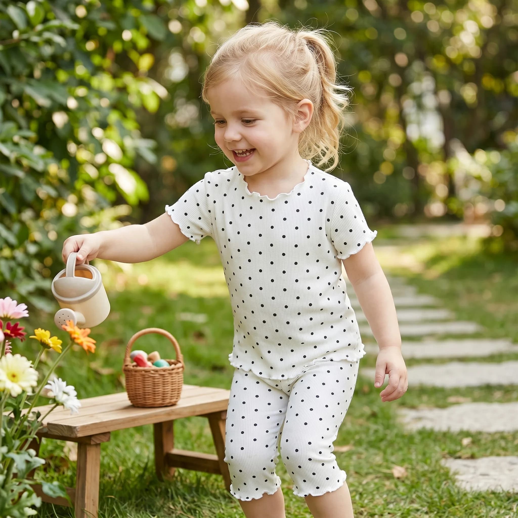 Nuovo set pigiama estivo per ragazze: stampa a pois su tutta la superficie, abbigliamento da casa versatile ed elegante, set intimo per bambini in due pezzi