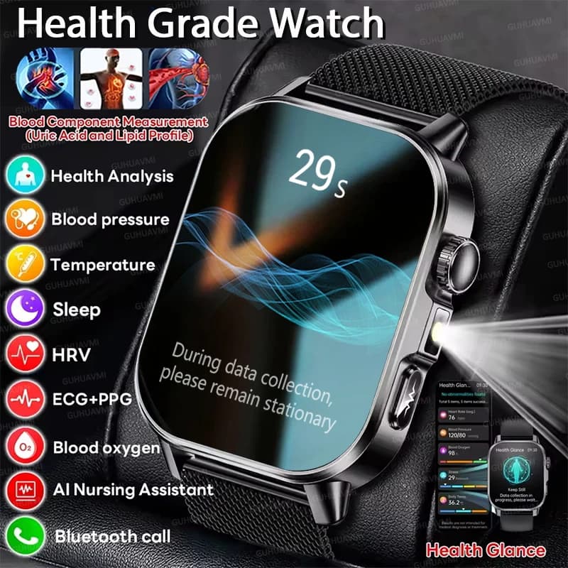 Smartwatch 2026 di Alta Gamma per Uomo con ECG+PPG, Misurazione Accurata di Pressione Sanguigna, Lipidi, Acido Urico, Schermo AMOLED da 2.0 Pollici, Chiamate HD