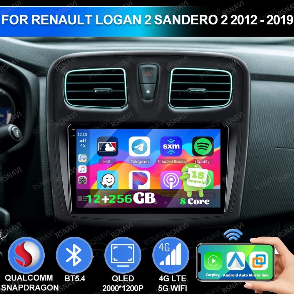 Android 15 For Renault Logan 2 Sandero 2 2012 - 2019 Navigation AUTO 4G LTE 5G WIFI Qualcomm Main Unit BT GPS Stereo