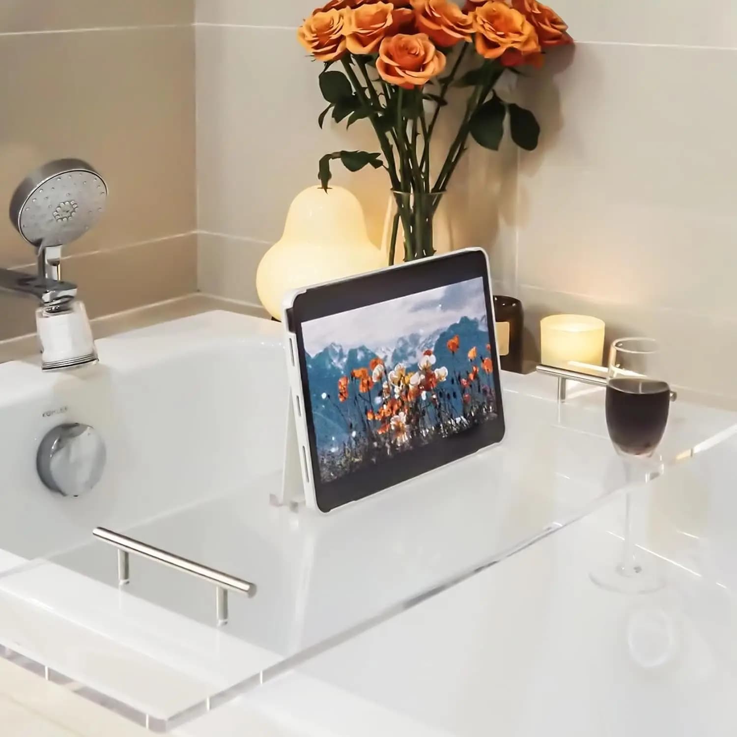 Vassoio per Vasca da Bagno in Acrilico Trasparente con Porta Libro e Porta Bicchiere, Accessorio Lusso da 31,5 Pollici per Vasche Decorative