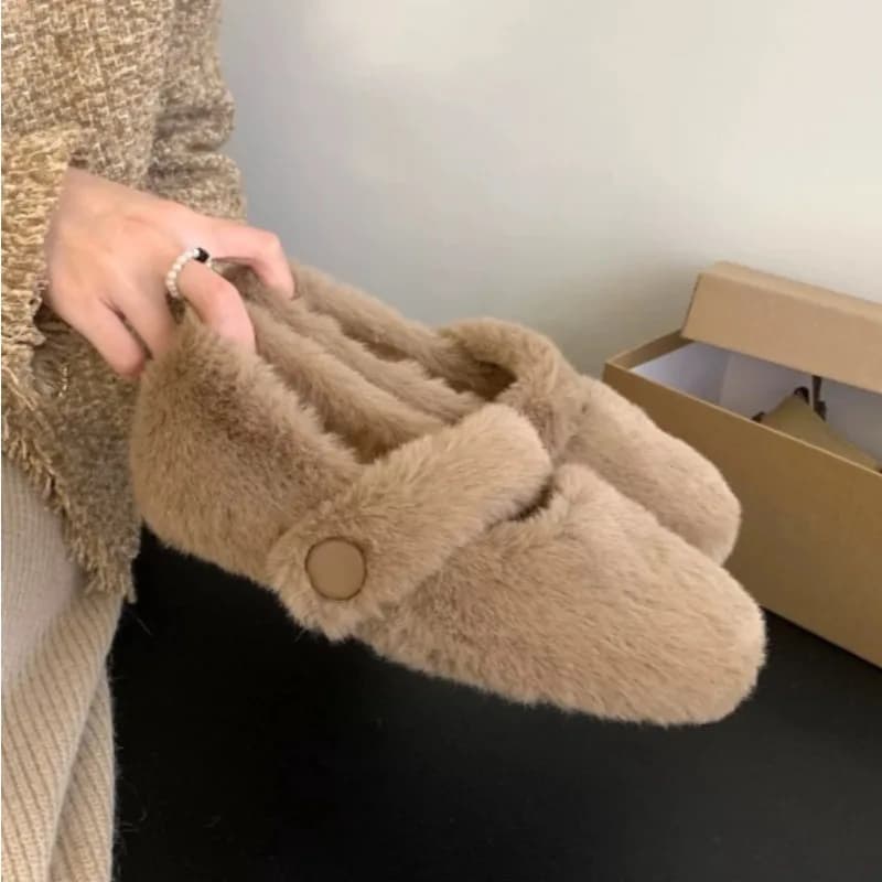 Fairy White Furry Mary Janes Women Warm Mink Fur Shoes Winter Cotton Lined Flats Slip on Ballerinas Ladies Barefoot Wool Loafers