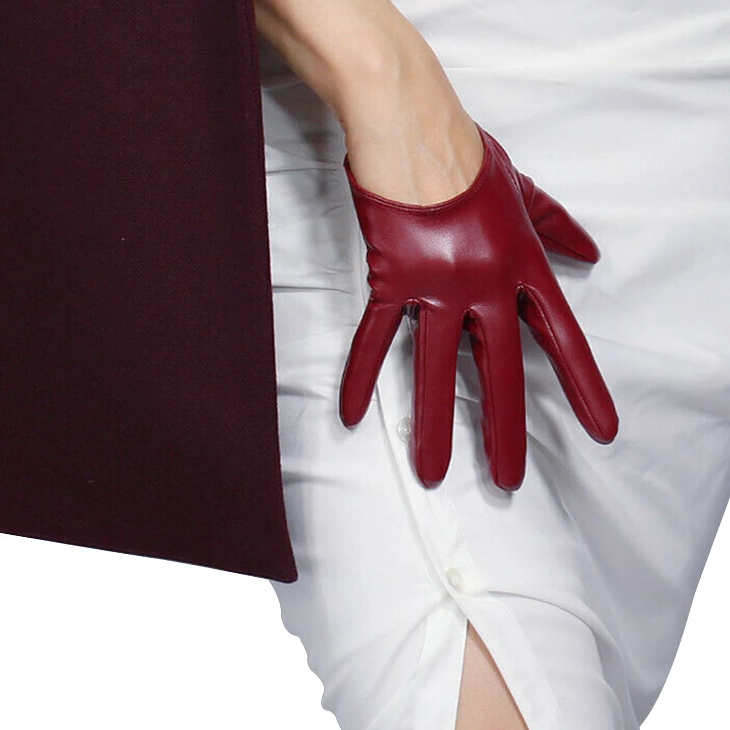 DooWay guanti in lattice bordeaux da donna Extra Short Half Palm 5 pollici Faux Lambskin PU rosso scuro Party Cosplay Evening Dressing Glove