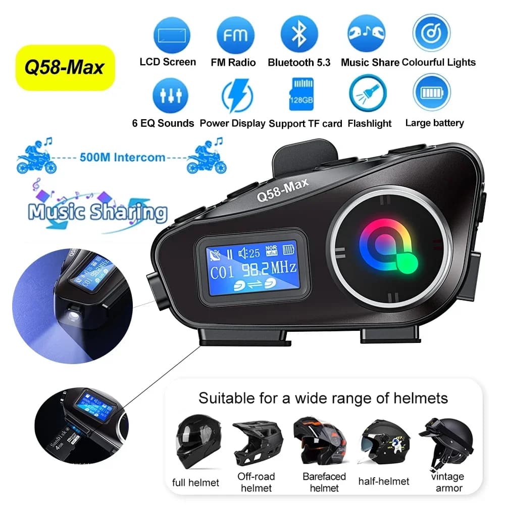 Interfono per Casco con Display Grande, Auricolare Bluetooth per Moto BT5.3 Q58 con Luce LED, Supporto FM e SD