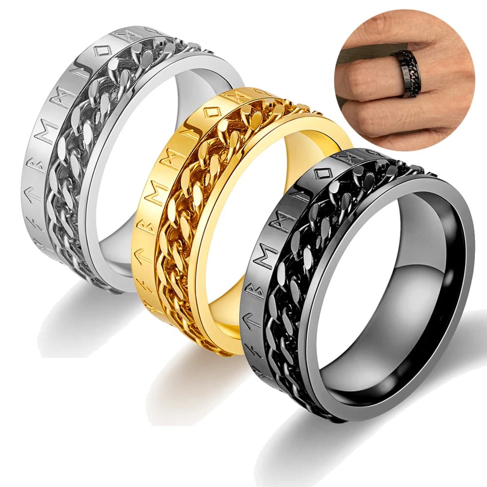 Moda 8mm Catena in acciaio inossidabile Spinner Fidget Anelli per donna Uomo Vintage Norse Viking Rune Anelli Retro Amuleto Gioielli Regali