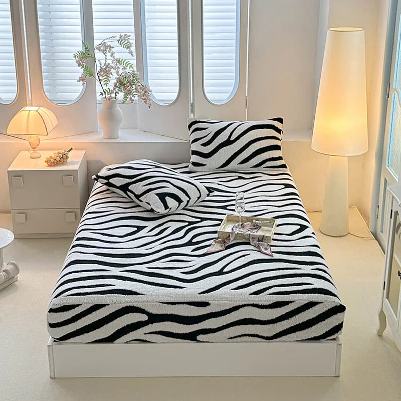 Lenzuolo con angoli a righe zebrate Lenzuolo caldo addensato invernale su lenzuola elastiche in pile singolo/queen/king size 40.