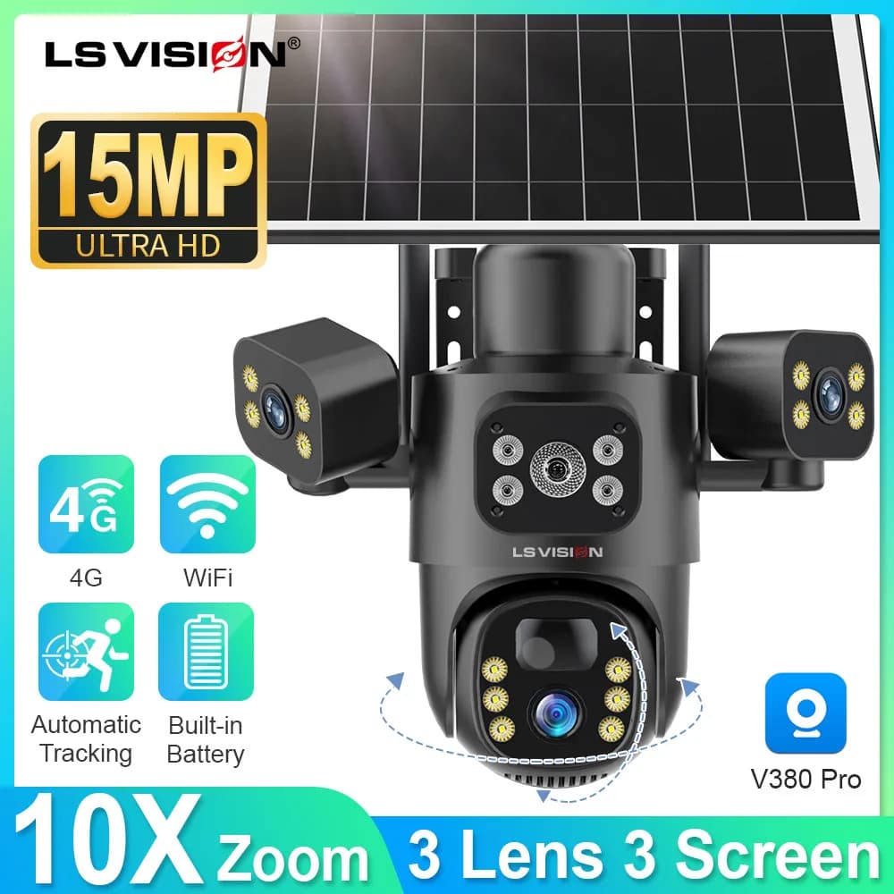 LS VISION 4G / WiFi Telecamera solare 3 lenti Esterna 15MP 4K Batteria a bassa potenza Telecamera IP PIR Visione notturna V380 Pro CCTV Sicurezza