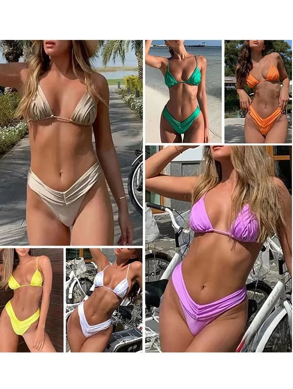 Costume da bagno bikini sexy a vita bassa due pezzi da donna, nuovo modello 2026 per sorgenti termali, in poliestere con imbottitura sul petto