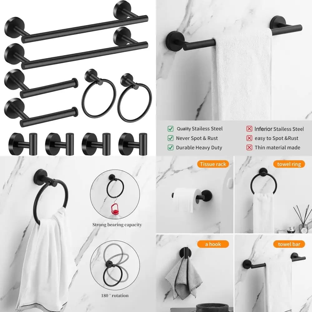 Set di accessori per il bagno nero opaco - Collezione di accessori da 10 pezzi con portasciugamani da 2x 24 pollici, portasciugamani, porta carta igienica, a