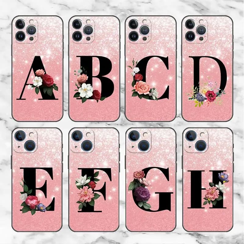 Letter ABC Flowers Pink Case for Apple iPhone 11 15 13 14 Pro Max 12 Plus X 15Pro Black Silicone Phone Coque