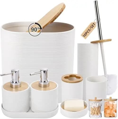 Set da Bagno Bianco - 7 Accessori con Cestino e Dispenser Sapone per Arredo Bagno Moderno
