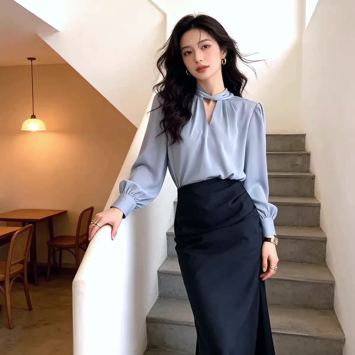 Elegant Women's Shirt with V-neck and Halter neck, Long sleeve in Chiffon, for Office and Work, Spring Summer 2026, New Fashion, Women's Trendy Clothing