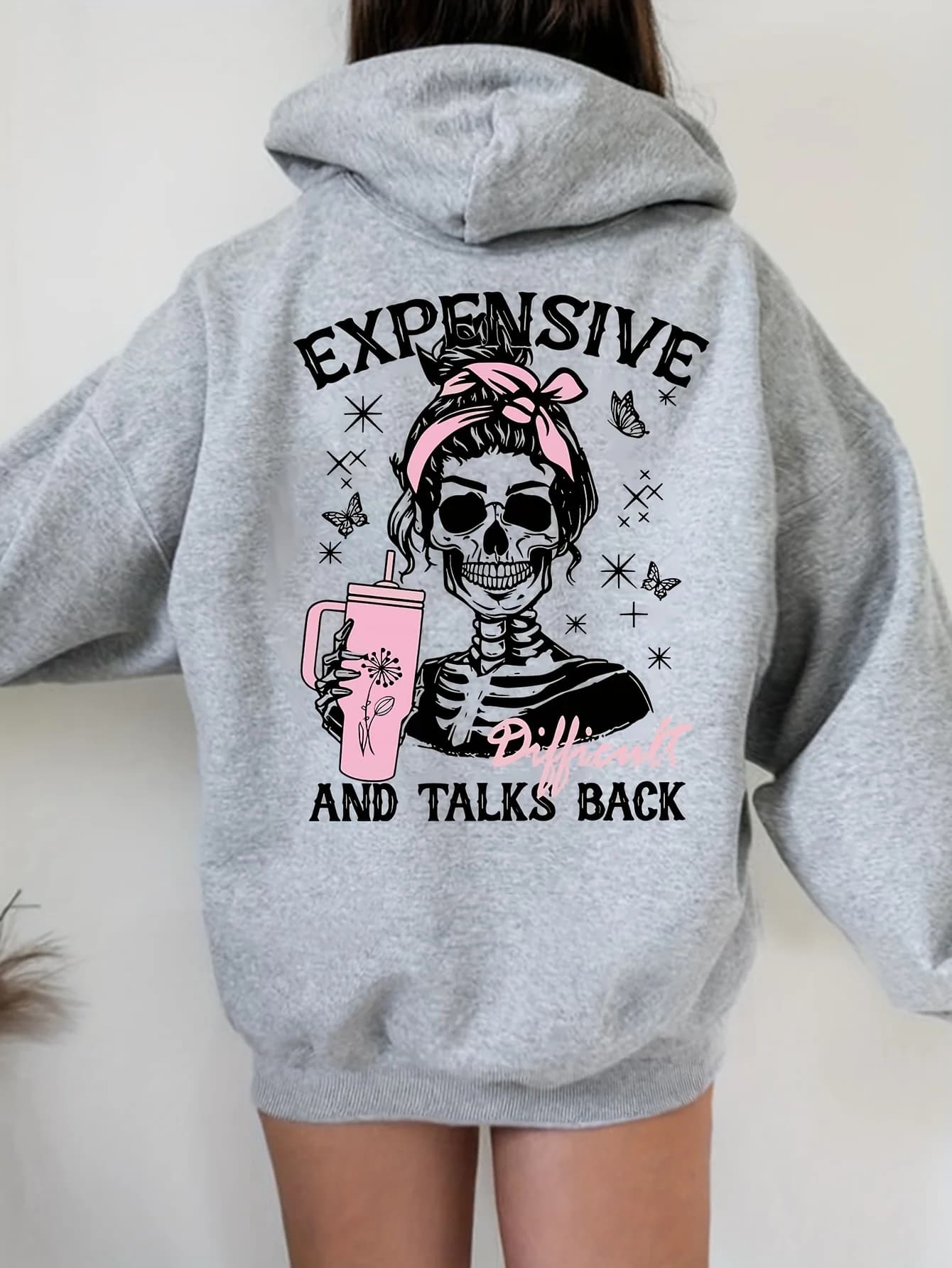Women's "Expensive And Talks Back" Hoodie Hip Hop Sports Casual Streetwear Skeleton Print Pullover Sweatshirt Tops
