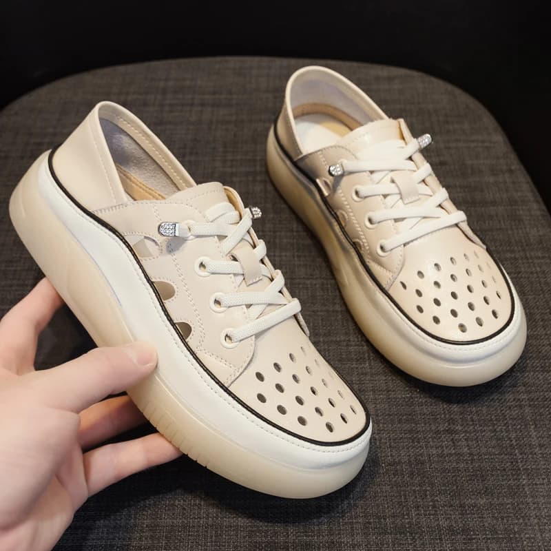 Scarpe Casual da Donna con Fori, Modello Primavera 2026, in Vera Pelle, Taglie Grandi, Sneakers Traforate
