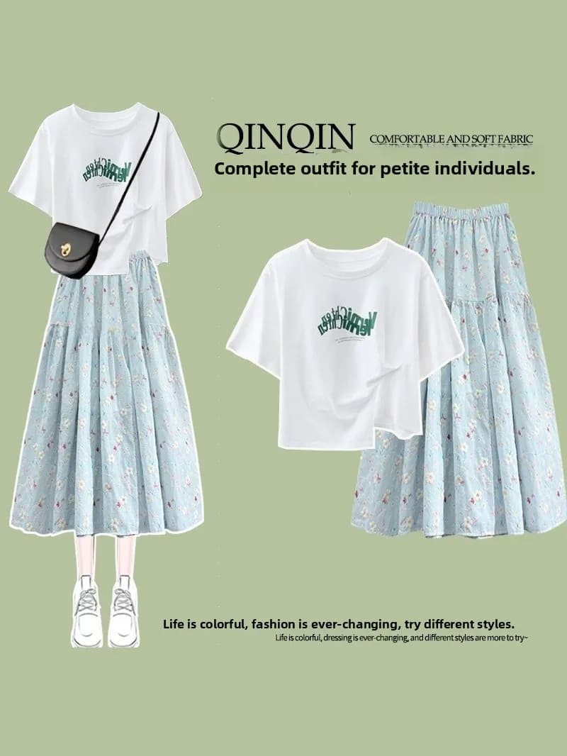 Completo gonna floreale carino, set estivo di tendenza, ricamo giovanile, manica corta, girocollo, cotone, due pezzi, abbigliamento casual