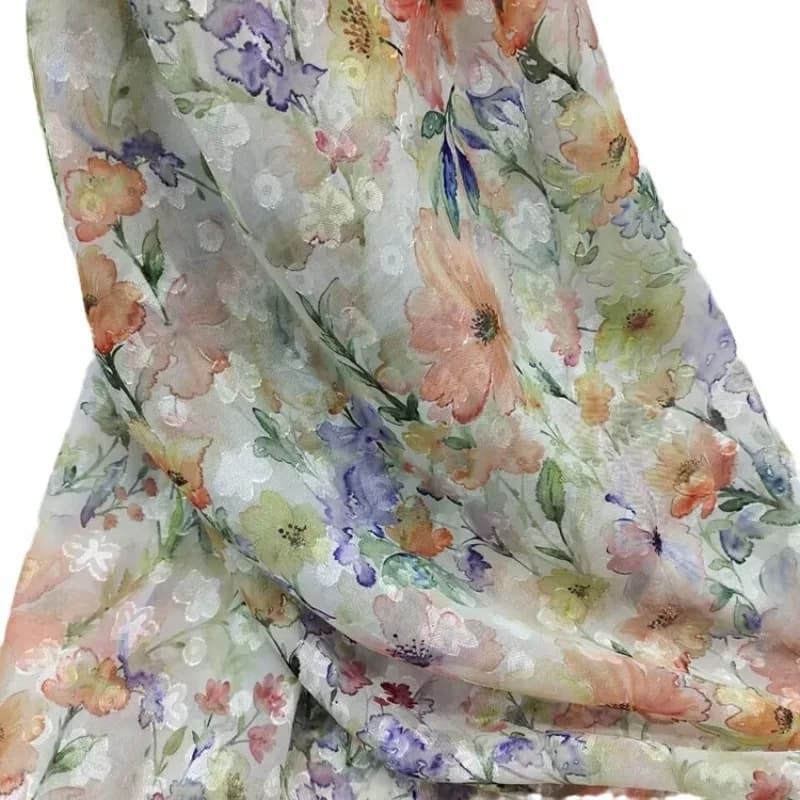 100cm * 150cm fiori 75D tessuto Chiffon Jacquard stampato in rilievo tessuto di garza rosa per abito sciarpa Cheongsam