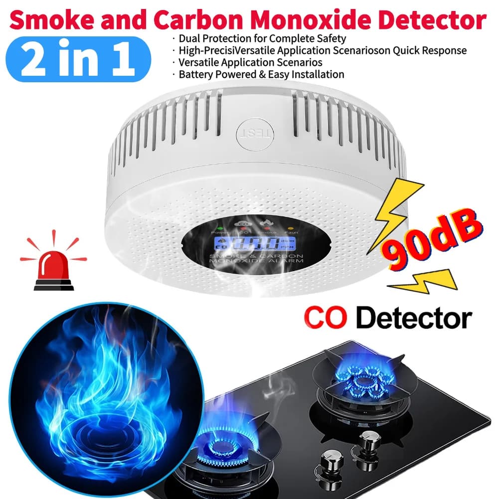 Rilevatore Intelligente 2 in 1 di Fumo e Monossido di Carbonio con Allarme Sonoro, Display LCD Digitale, Monitor CO in Tempo Reale per Interni Domestici