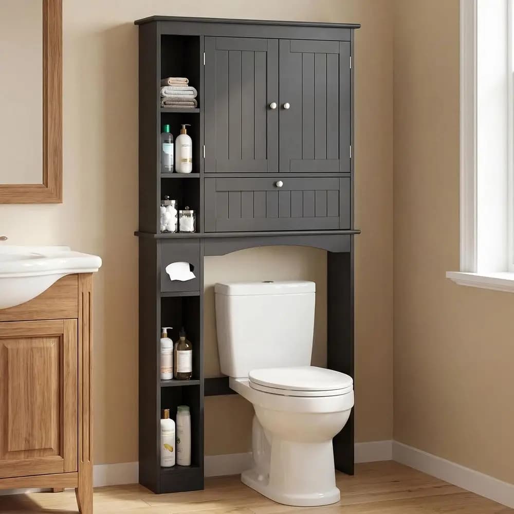Space-Saving Over Toilet Cabinet, 31.5 Wide, Adjustable Shelves, Toilet Paper Holder, Black Bathroom Organizer