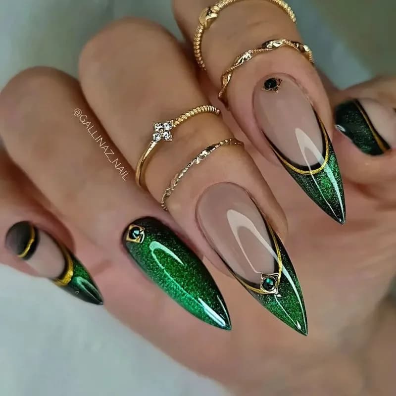 24 PZ Verde Occhio di Gatto Unghie Finte Stiletto Design Francese Unico Unghie Finte Dolce Fresco Staccabile Stampa sulle Unghie Spice Girls Mandorla
