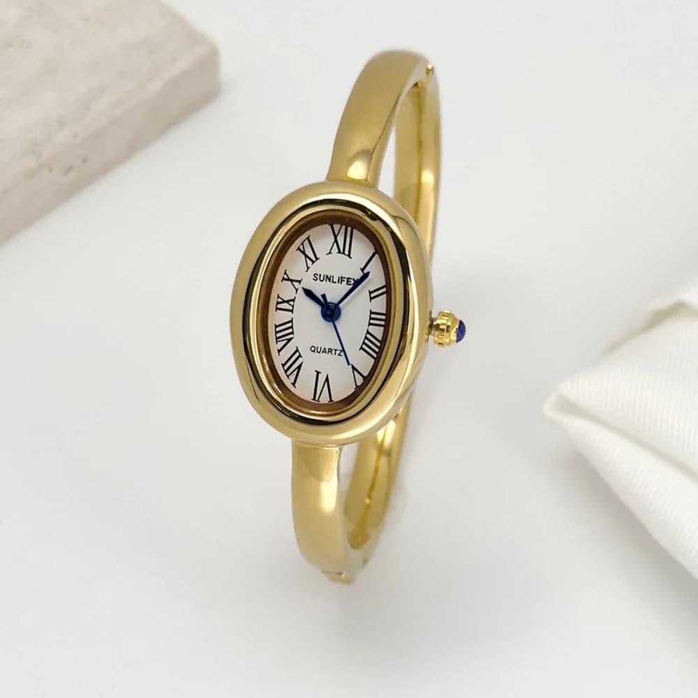 Elegant wrist watch with Roman numerals, Oval dial with Quartz, Stainless Steel Jewel with Diamond Clasp for Women