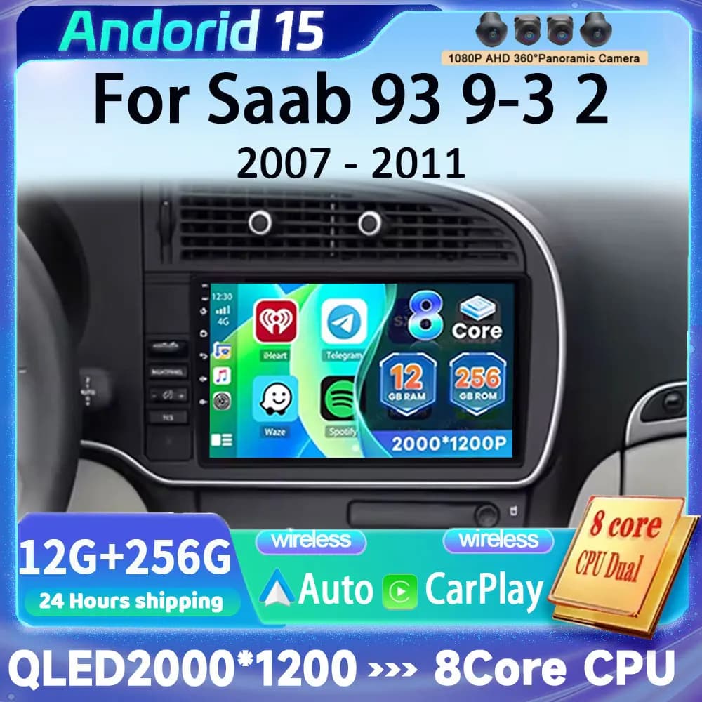 Autoradio Android 15 da 9 Pollici con Carplay Wireless per Saab 3 2007-2011, Lettore Multimediale, Stereo Video, Navigazione GPS, Schermo 4G WIFI
