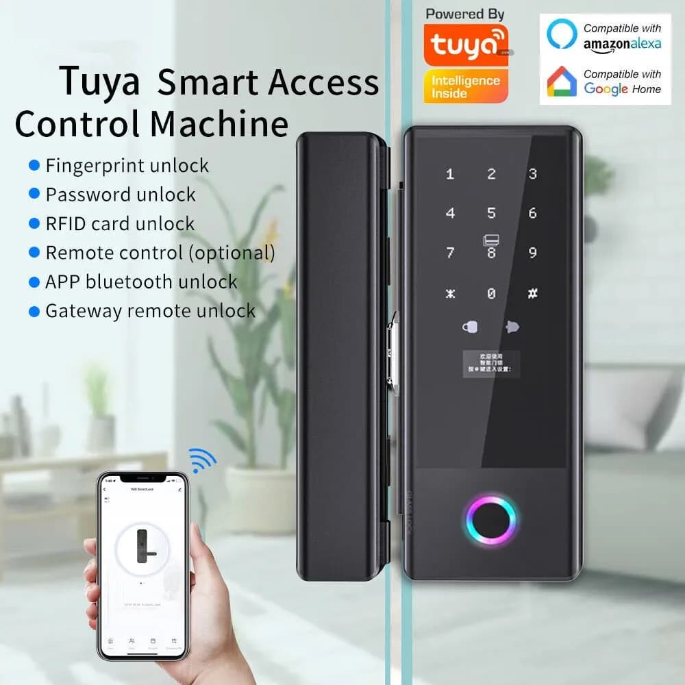 Serratura Intelligente Ttlock Ble per Porte in Vetro, Serratura Biometrica Senza Foratura con Impronta Digitale per Ufficio, Negozio, Centro Commerciale, Cancello d'Ingresso, Serratura Smart WiFi Tuya