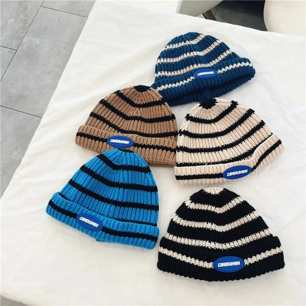 Fashion Warm Children's Hats Breathable Comfortable Striped Knitted Hat with Cuffed Edge Windproof Beanie Hat For Boys and Girls
