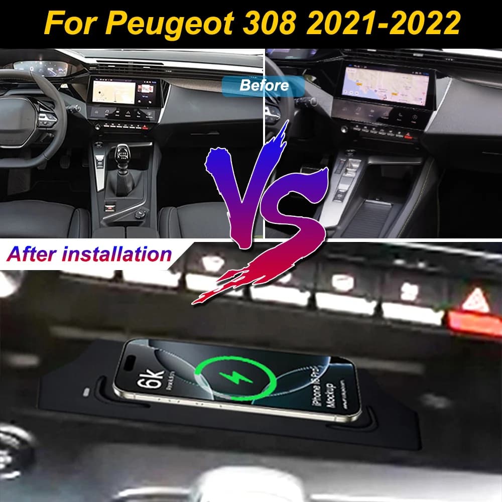 Caricatore Wireless 2 Din per Peugeot 308 2021-2022, Supporto per Telefono con Ricarica Rapida 18W per iPhone, Vano Portaoggetti per Console Centrale