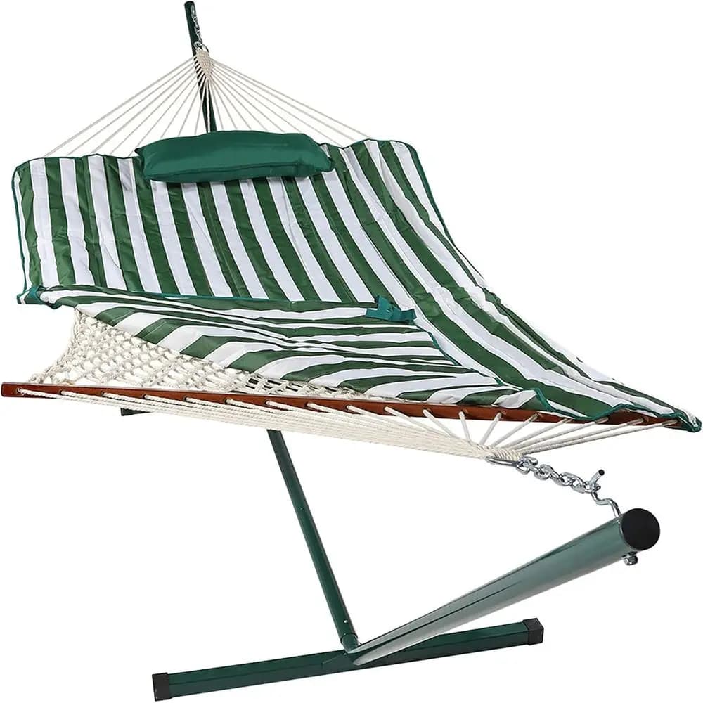 Amaca in corda con supporto o da esterno - Set amaca portatile resistente per esterni con materassino trapuntato, cuscino e supporto da 12 piedi