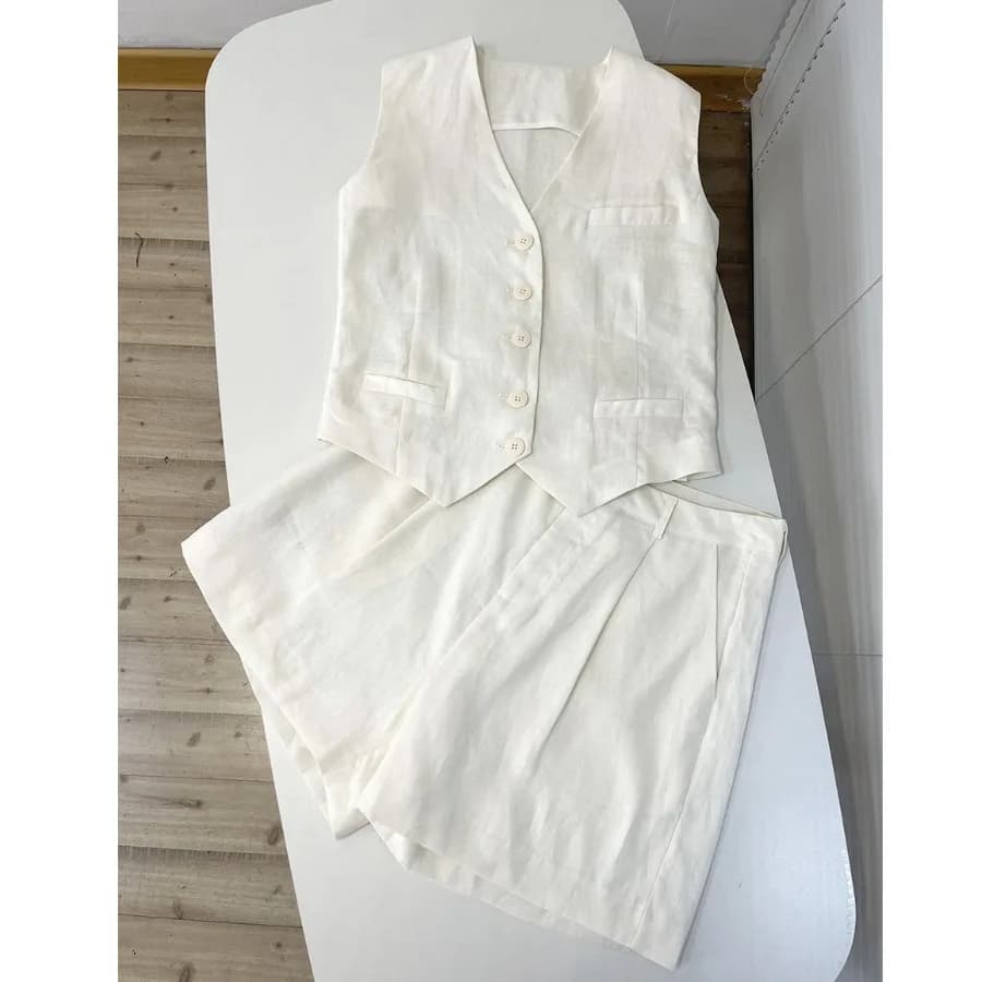 White Suit Vest Shorts Set Women's Jacket Vest High Waist Shorts Two Piece Set Summer 2024 Fashion Cotton Blend Ensemble