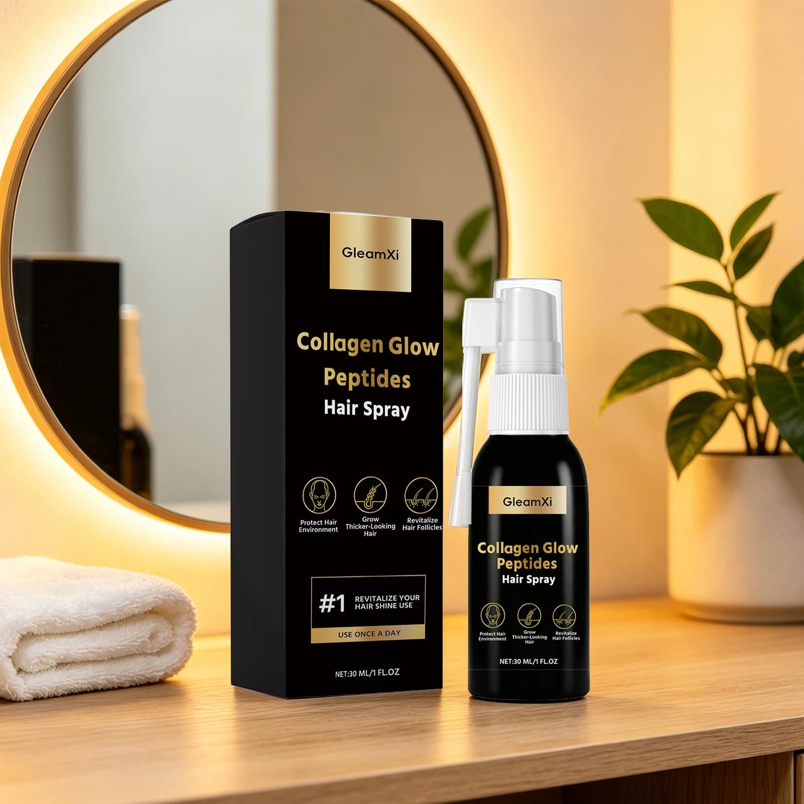 Gleamxi Collagen Peptides Hair Spray 30ml, Revitalize Hair Follicles, Grow Thicker Fuller Hair Scalp Nourishing Hair Care Mist