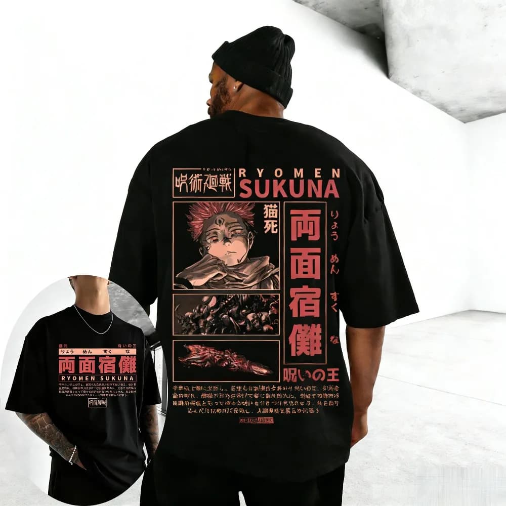 T-shirt Unisex in Puro Cotone Jujutsu Kaisen Ryomen Sukuna, Stampa Anime Estiva 2026, Girocollo Ampio, Maglietta a Maniche Corte per Famiglia