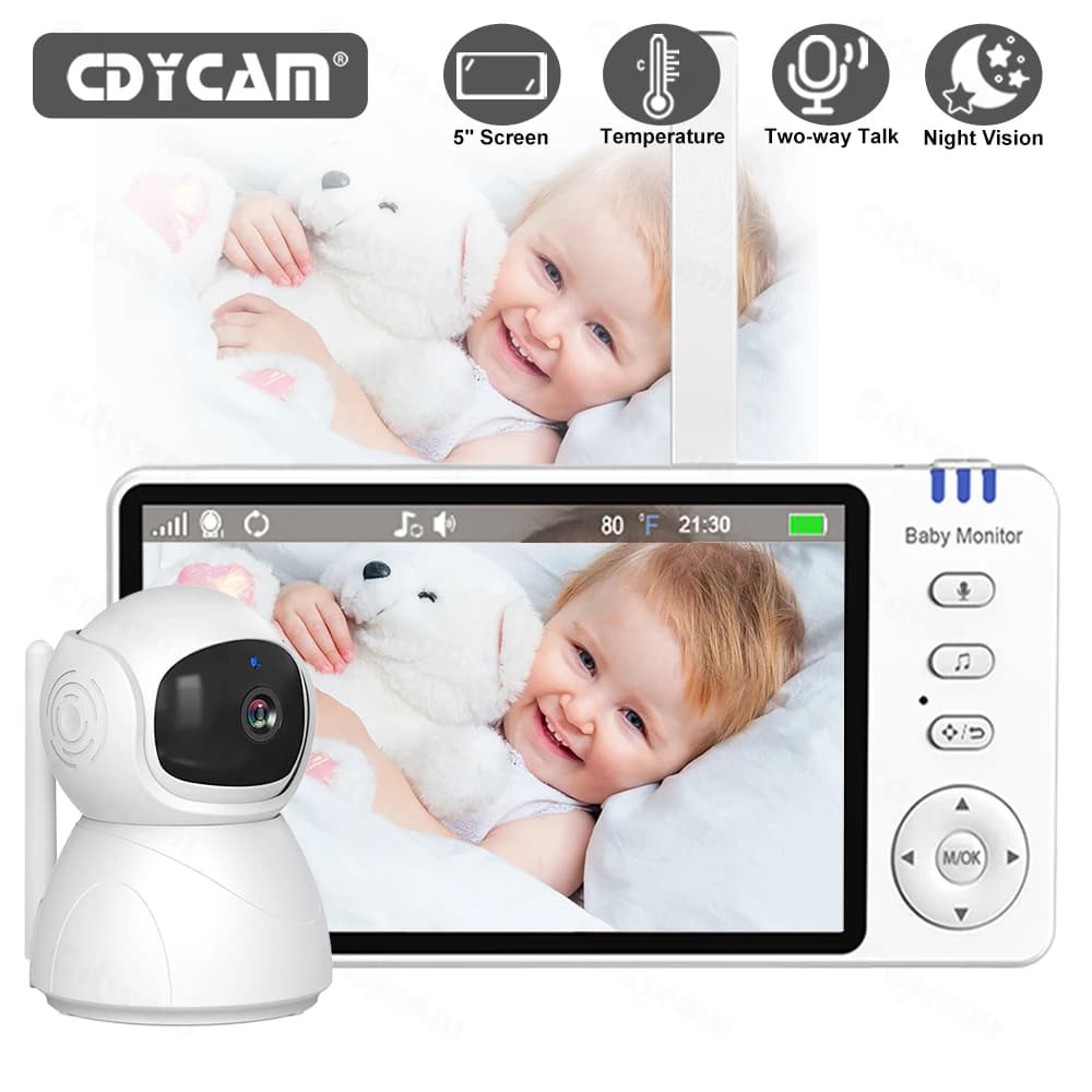 Baby monitor video da 5,0 '' con telecamera Pan Tilt Zoom 4X Audio bidirezionale No WiFi 8 Ninna nanna No WiFiCam Babysitter Visione notturna Securit