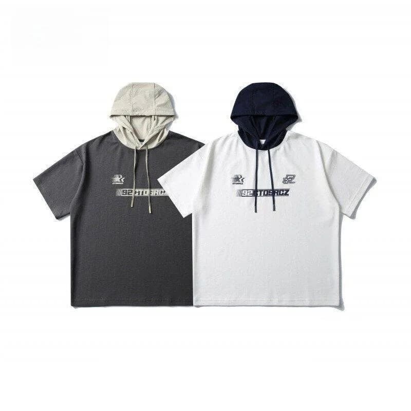 Felpa con cappuccio American College e T-shirt sportiva a maniche corte, abbigliamento sportivo trendy e ampio per la primavera/estate