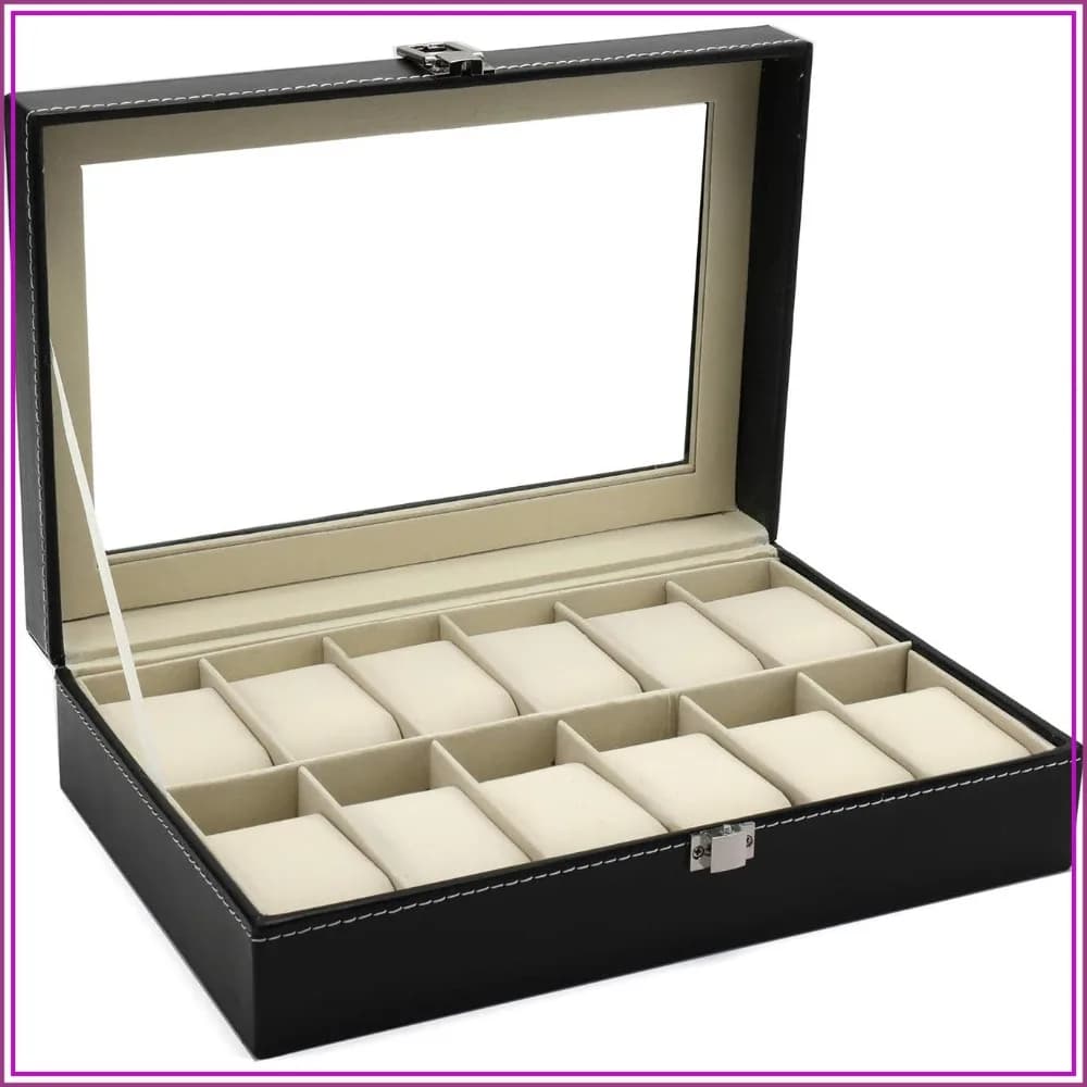 12 Slot Leather Watch Box with Glass Lid, Removable Pillows for Men Women