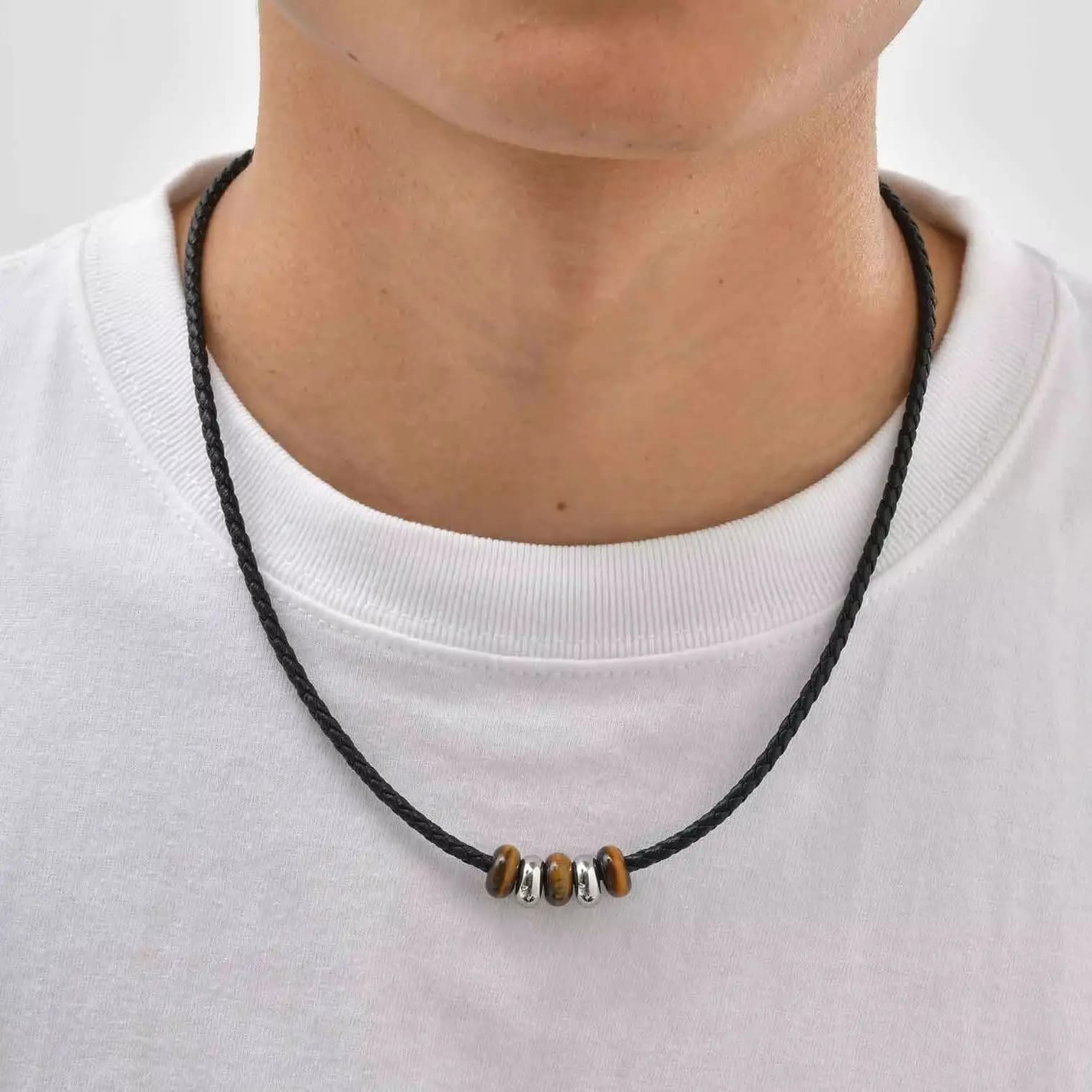Vintage PU Leather Necklace for Men,Stainless Steel Beads Natural Tiger Eye Stone Collar,Simple Jewelry Male Gift