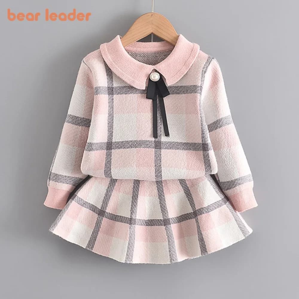 Bear Leader Abiti da principessa invernali Ragazze Plaid Set di abbigliamento carino Moda Bambini Maglioni lavorati a maglia per bambini con gonna con volant a fiocco