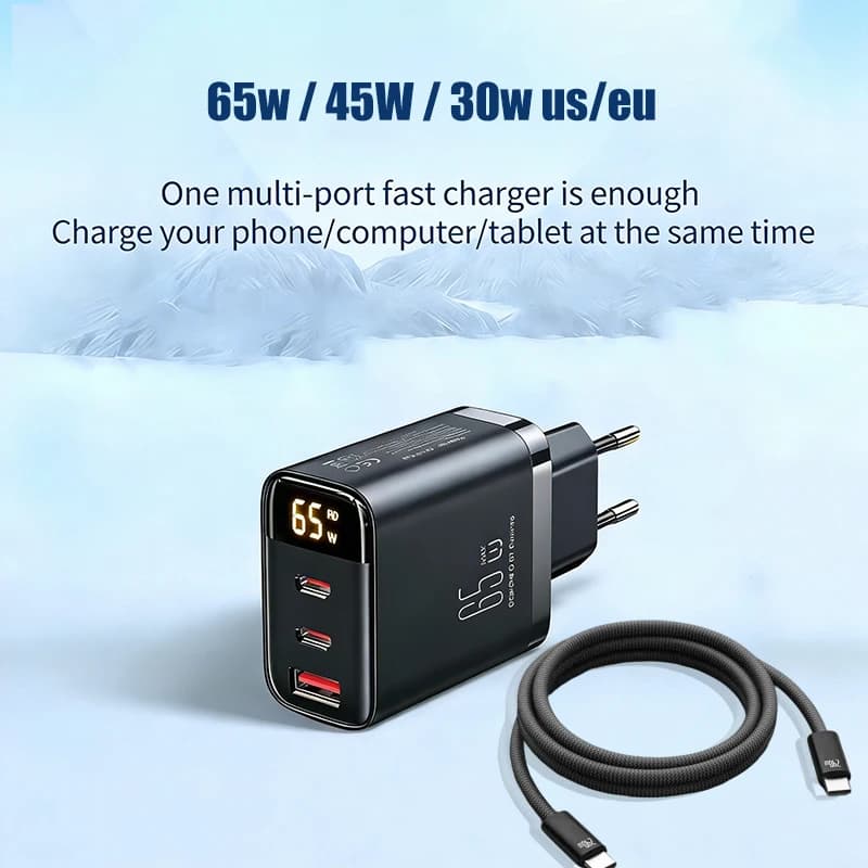 Digital EU/US 65W to 3 USB ports with Double C, Super Fast charging, Type-C to Type-C cable for iPhone 16 17 Samsung Xiaomi