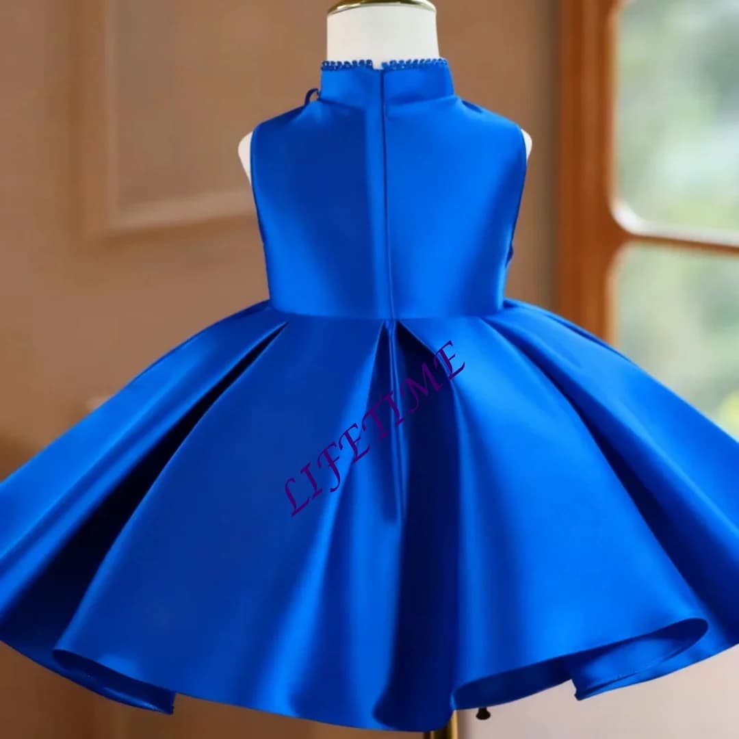Abito Elegante Personalizzato in Pizzo e Raso per Damigella, Decorazione con Perle, Lunghezza al Ginocchio, Stile Principessa per Matrimoni e Primo Compleanno