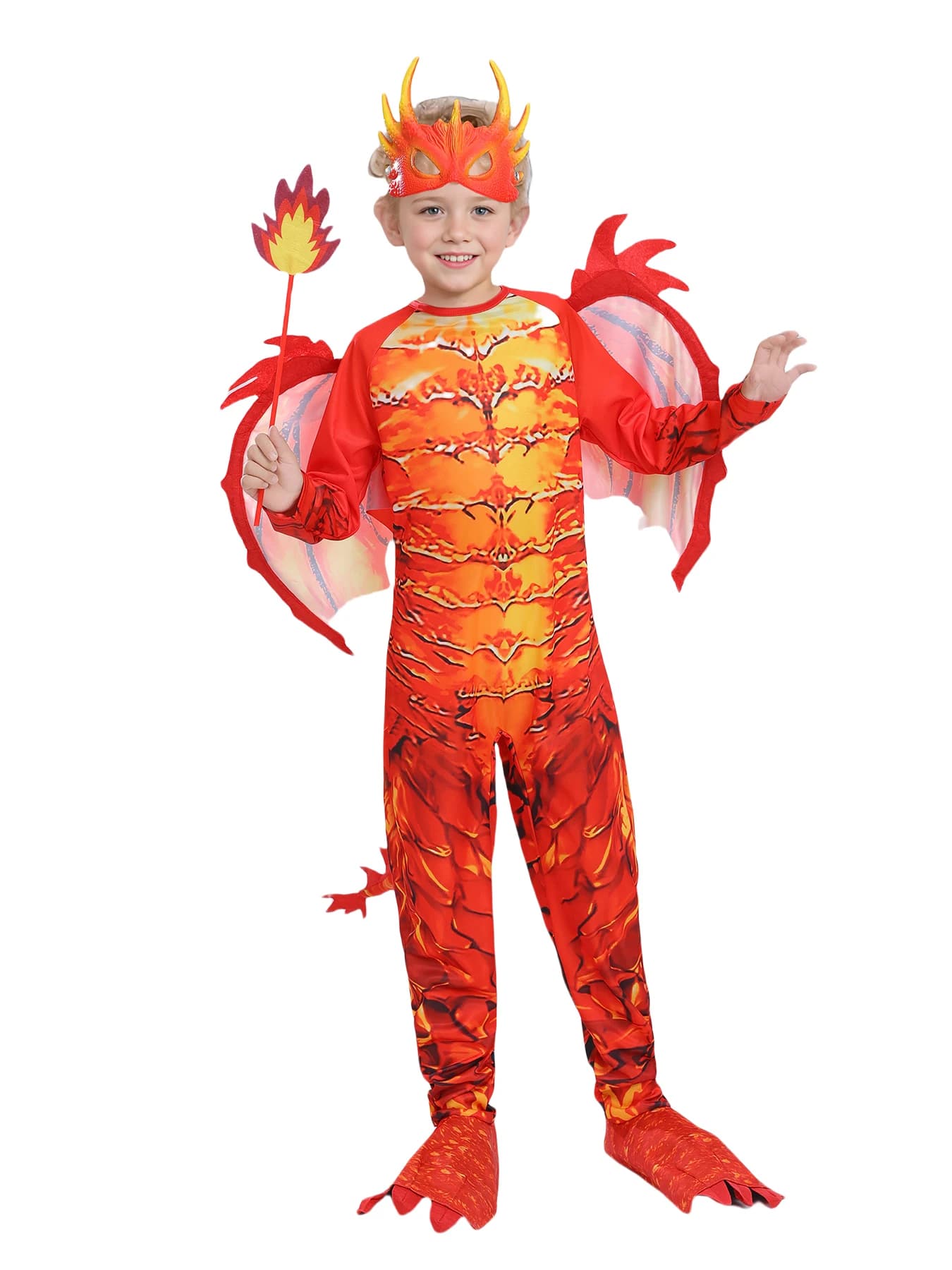 Costume da drago che respira fuoco per bambini per Halloween, giorno della settimana del libro, travestimento per feste di carnevale