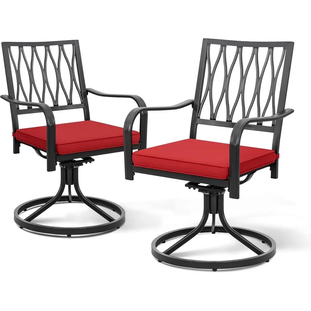 Set of 2 Heavy-Duty Outdoor Swivel Chairs with Red Cushions for Patio, Garden, or Porch