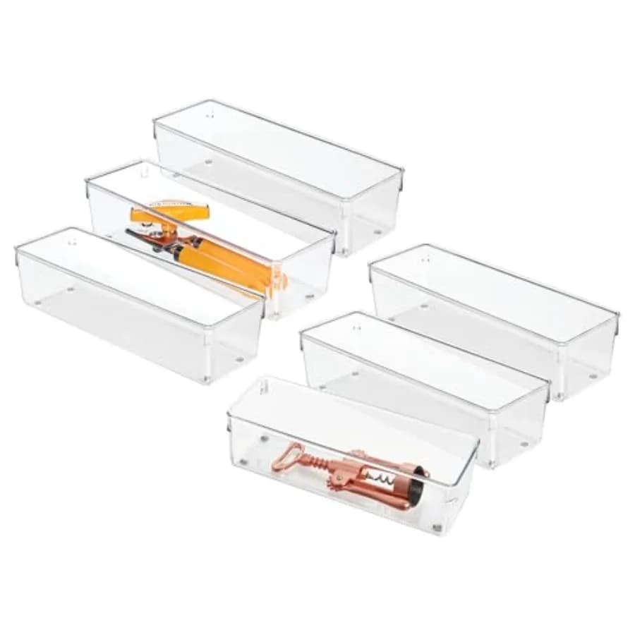 Contenitori organizer in plastica per cassetti - Organizzazione per cucina, bagno e cassetti della scrivania - Set da 6 - Trasparenti