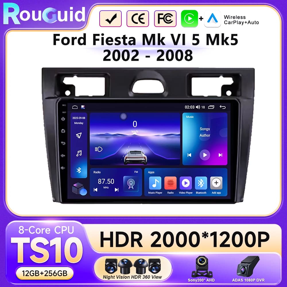 Autoradio Android 16 per Ford Fiesta Mk VI 5 Mk5 2002 - 2008 Multimedia Video Wireless Carplay Navigazione GPS Touchscreen DVD