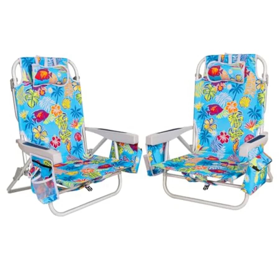 Set di 2 Sedie da Spiaggia Pieghevoli in Alluminio Extra Larghe a 5 Posizioni per Adulti con Borsa Termica, Portabicchieri, Portatelefono e Porta Asciugamani, Stile Tropicale