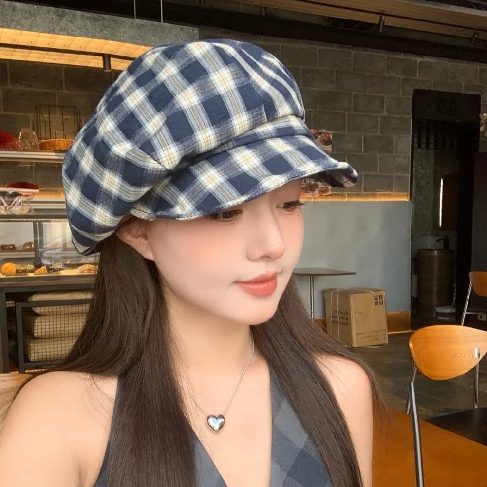 New Soft Plaid Beret Hat Thin Brim Irregular Octagonal Octagonal Hat Casual Vintage Painter Artist Cap Photography Prop