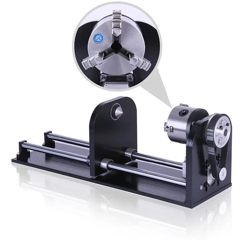 Universal slider with rotating axle 4th axis with laser engraving machine counterpoint Co2 Use 80 mm spindle 3 claws