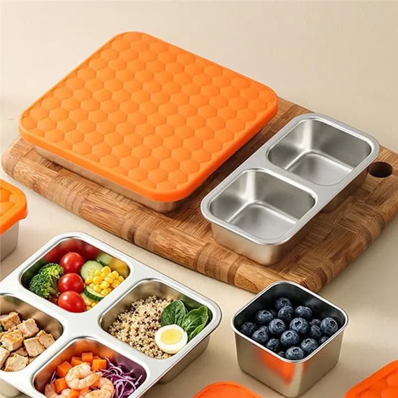 A02M-Stainless Steel Snack Box For Kids & Toddlers, 20Oz Multi-Compartment Leak Proof Food Container With Silicone Lids