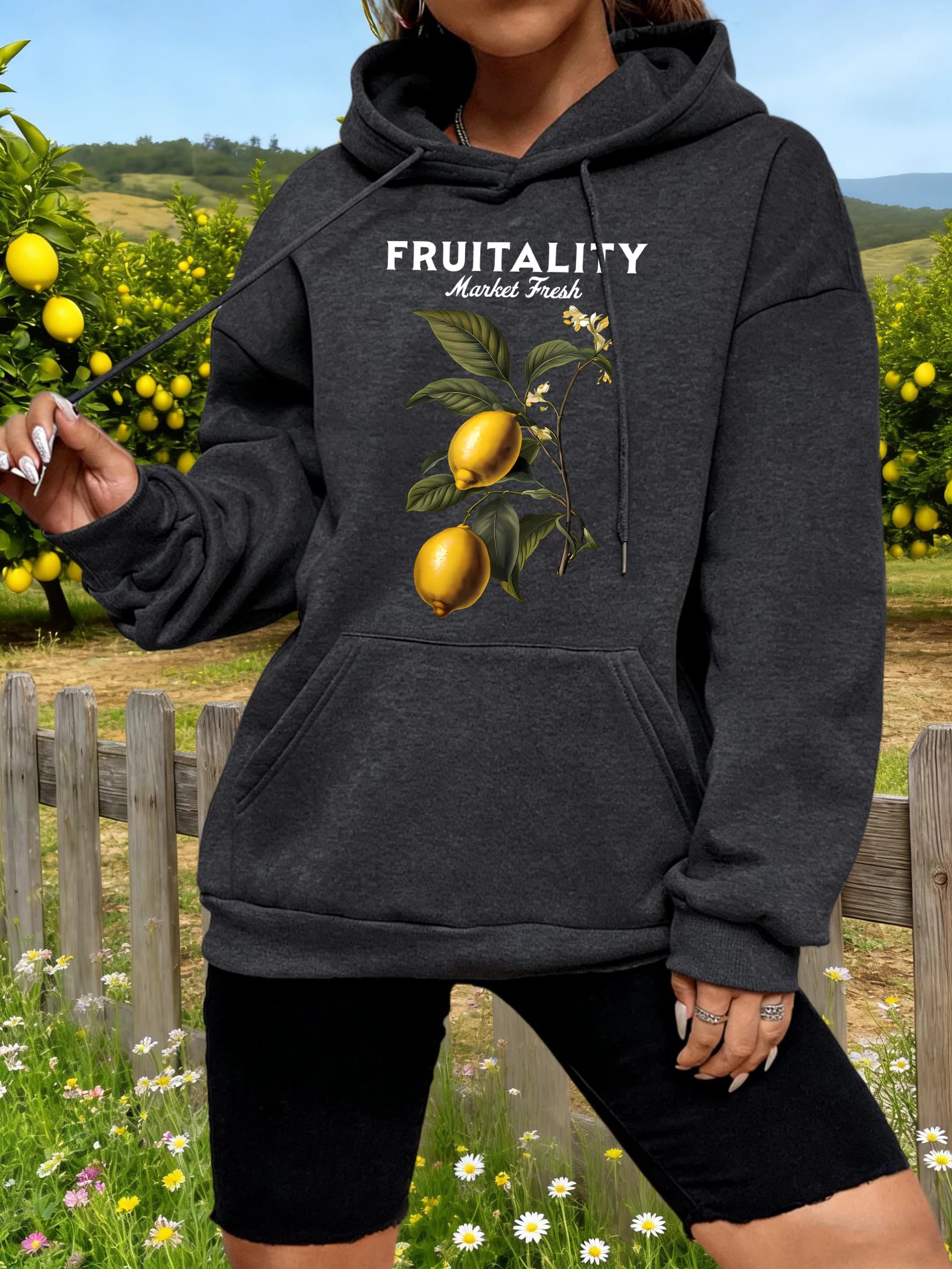 Women's Hoodie with Fresh Limoni Print Fruitality Market, Comfortable Autumn Casual Sweatshirt, Sports Pullover with Pockets