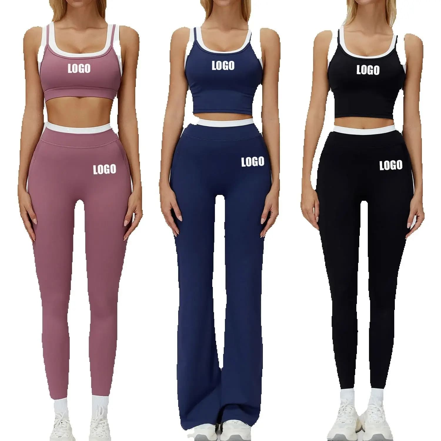 Custom LOGO women's fake two contrasting color nude yoga thread high waist casual versatile fitness sportswear two-piece set