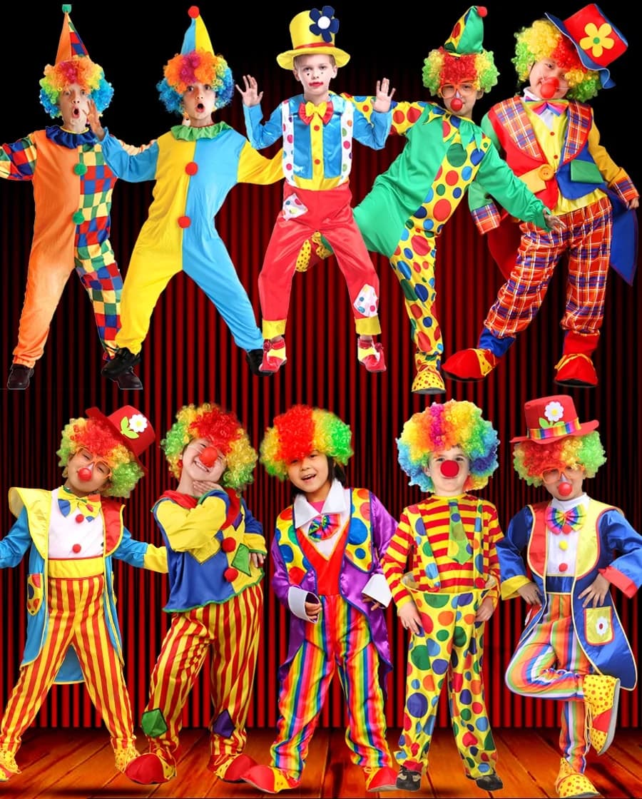 Costume da clown per spettacoli teatrali da circo per ragazzi di Halloween senza parrucca/scarpe/nuo rosso, giochi di ruolo di carnevale fantasia
