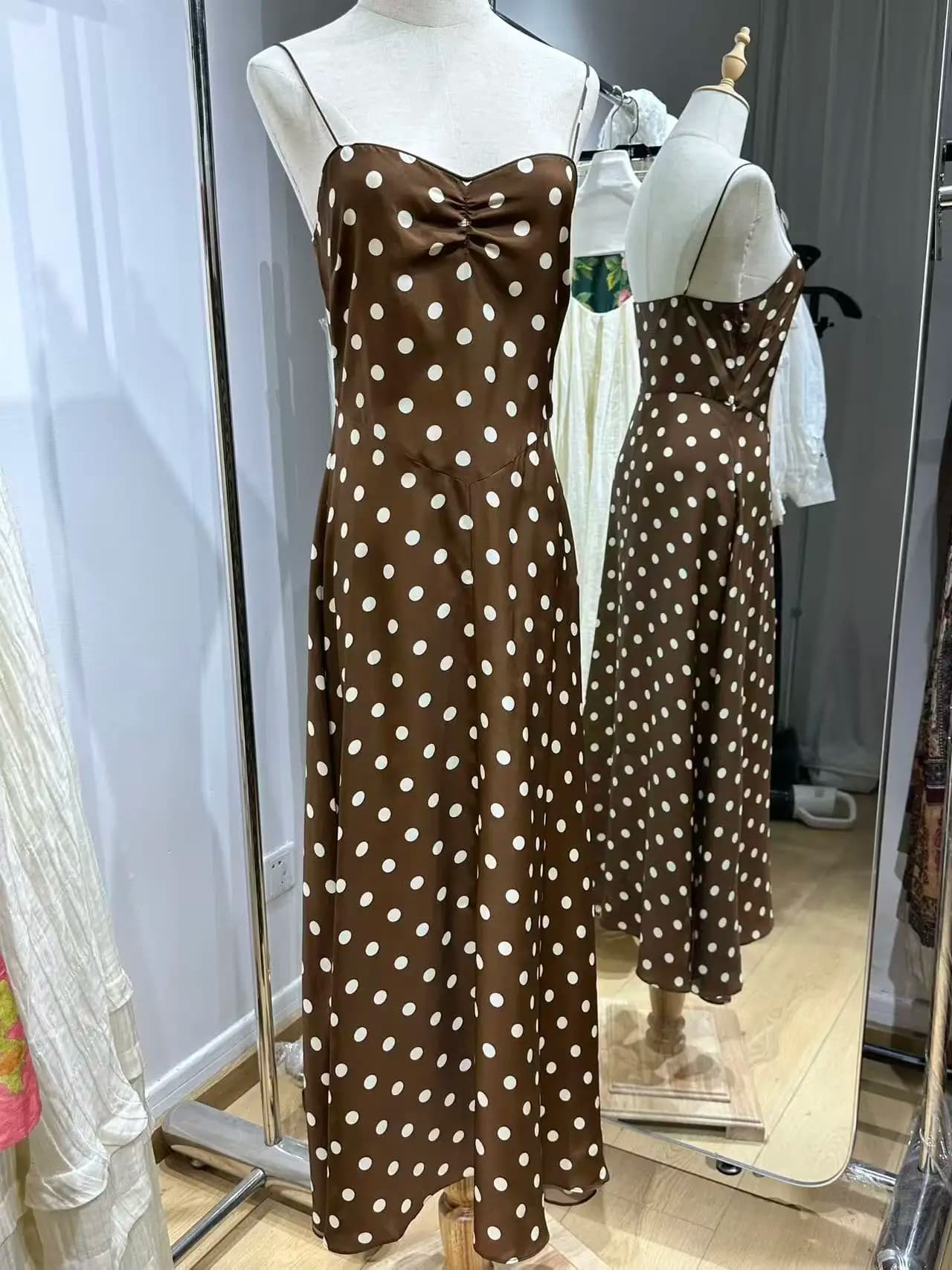 Vestaglia da donna a pois in misto seta con scollo a V, senza maniche, a vita alta, slim fit, per le vacanze
